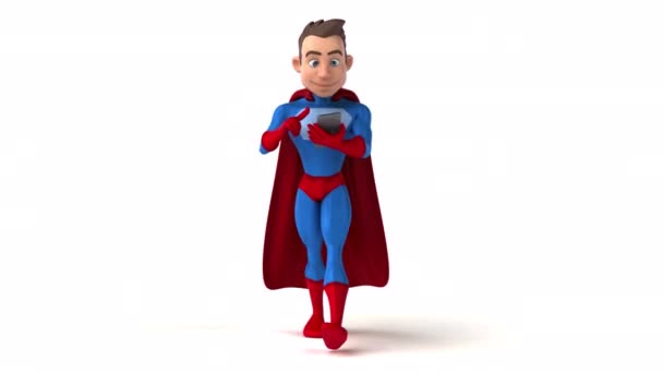 Fun Animation Zeichentrickfigur Superheld Mit Einem Telefon — Stockvideo