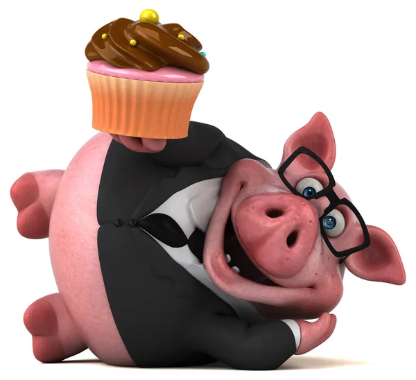 カップケーキ付きの楽しい豚 3Dイラスト — ストック写真