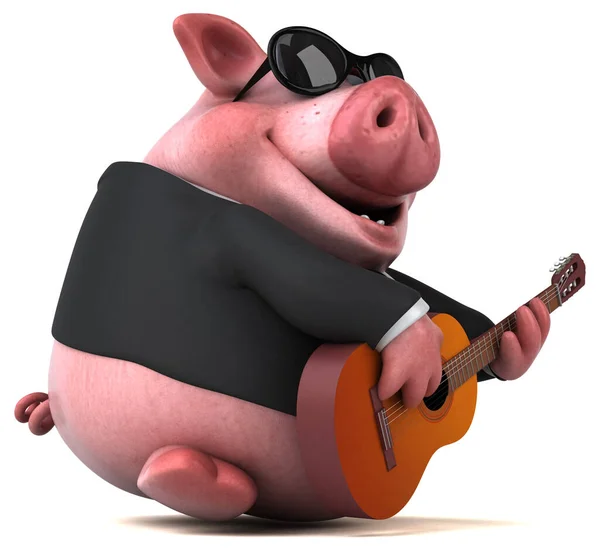 带吉他的猪 3D插图 — 图库照片