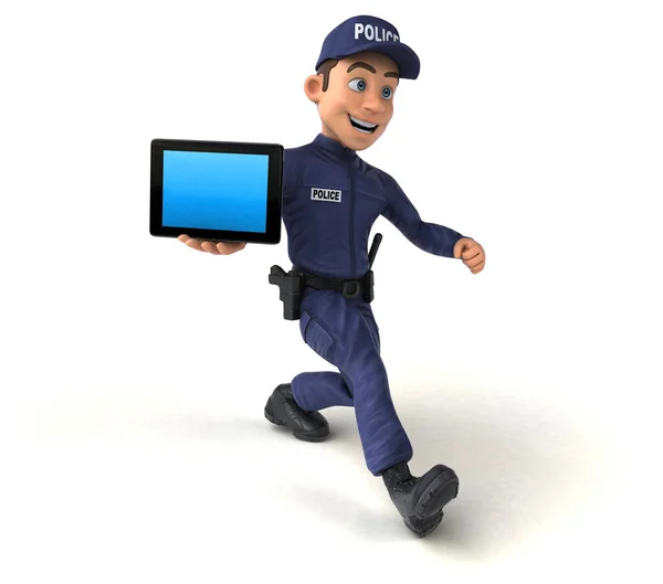 Ilustração Divertida Policial Desenhos Animados Com Tablet — Fotografia de Stock