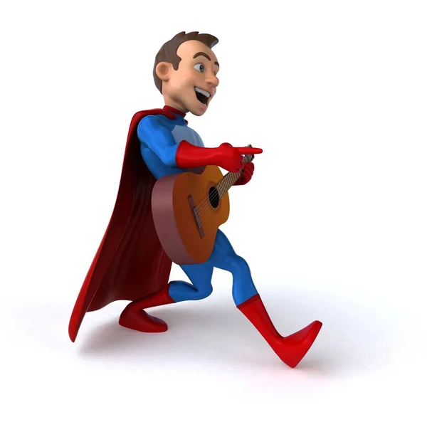 Gitarlı Eğlenceli Bir Süper Kahramanın Boyutlu Çizimi — Stok fotoğraf