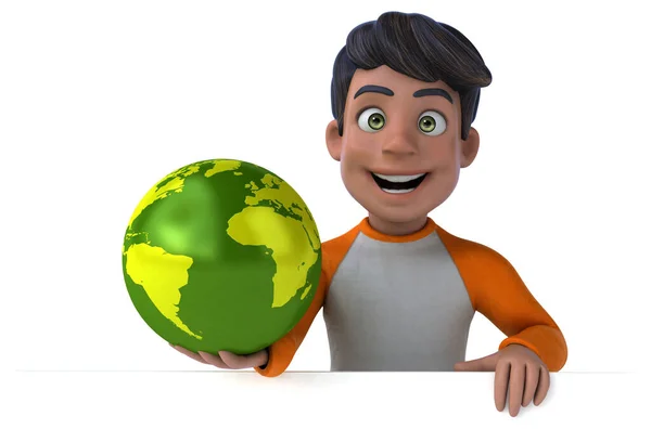 玩乐3D漫画亚洲青少年与地球仪 — 图库照片