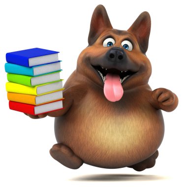 Kitapları olan eğlenceli Alman çoban köpeği - 3D İllüstrasyon