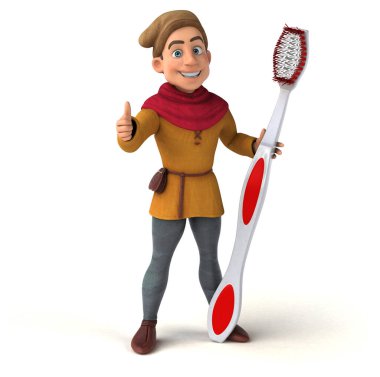 Diş fırçalı bir ortaçağ tarihi karakterinin 3B görüntüsü