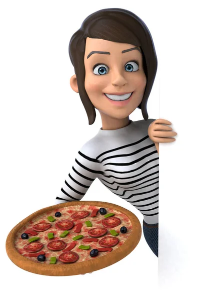 Fun Cartoon Casual Charakter Frau Mit Pizza — Stockfoto