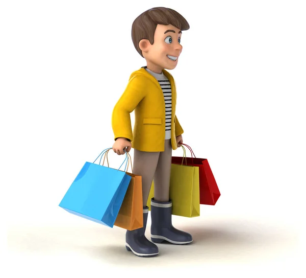 Divertimento Illustrazione Bambino Dei Cartoni Animati Con Pioggia Attrezzi Shopping — Foto Stock