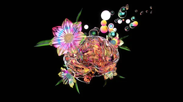 Ilustracja Abstrakcyjnej Sztuki Mózgu Kwiatami Bąbelkami — Zdjęcie stockowe