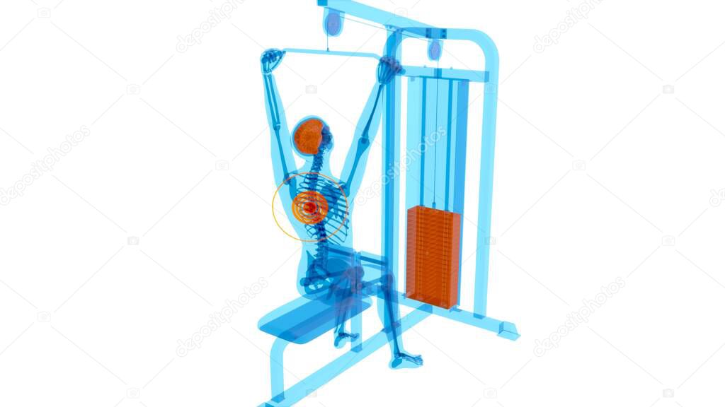 Abstract 3D art of a man on the Lat pulldown machine on white 