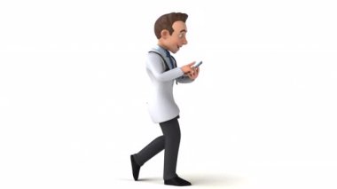 Telefonlu eğlenceli bir 3 boyutlu doktor çizgi film karakteri.
