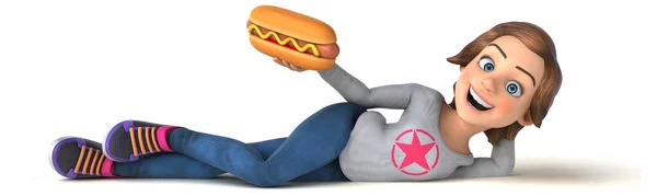 Lustige Illustration Eines Cartoon Teenie Mädchens Mit Hotdog — Stockfoto