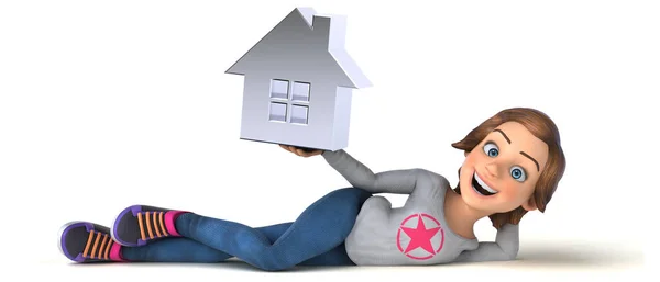 Lustige Illustration Eines Cartoon Teenager Mädchen Mit Haus — Stockfoto
