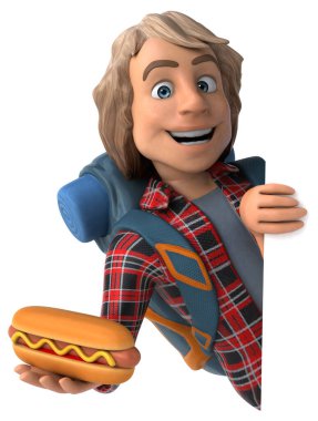 Hotdog ile Eğlenceli backpacker karikatür adam 