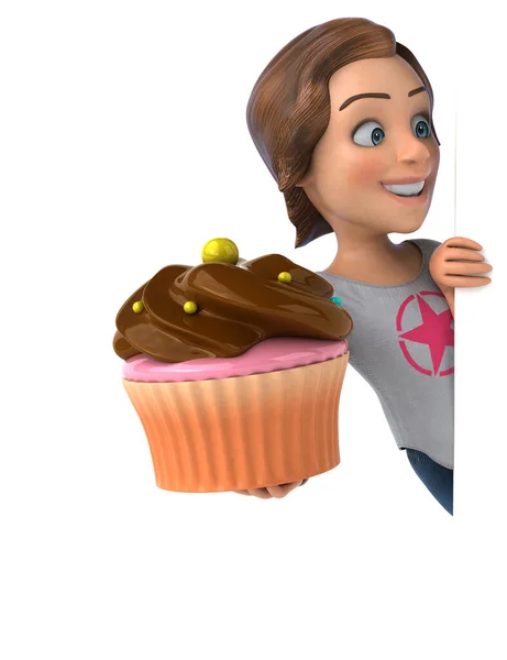 Ilustração Divertida Uma Menina Adolescente Dos Desenhos Animados Com Cupcake — Fotografia de Stock