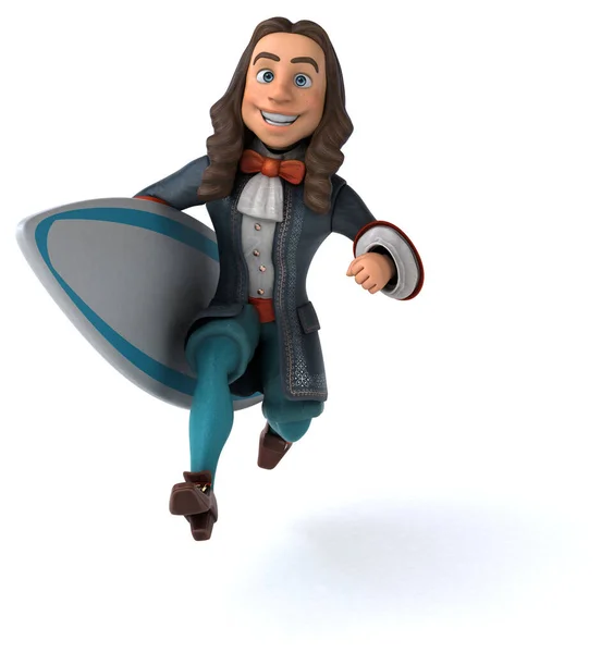 3D Illustration of a cartoon man in historical baroque costume surfer