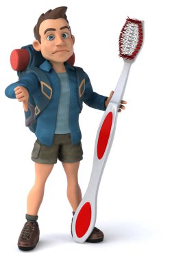 Diş fırçalı bir 3D karikatür sırt çantasının eğlenceli bir çizimi