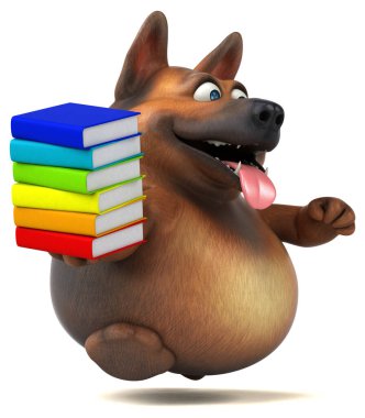 Kitapları olan eğlenceli Alman çoban köpeği - 3D İllüstrasyon