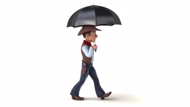 Divertido Personagem Desenho Animado Cowboy Com Guarda Chuva — Vídeo de Stock