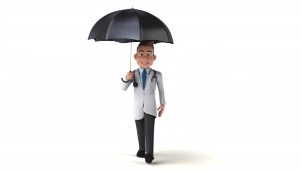 Fun Personnage Dessin Animé Médecin Avec Parapluie — Video