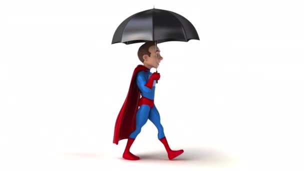 Fun Kreslený Postava Super Hrdina Deštníkem — Stock video
