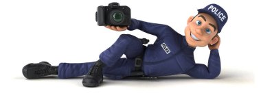 Elinde kamera olan bir polis memurunun 3 boyutlu eğlenceli bir çizimi. 