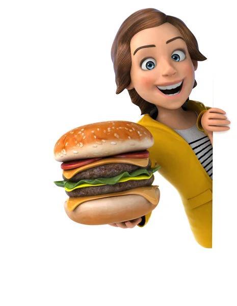 楽しいです3Dイラストの漫画ティーン女の子とともにハンバーガー — ストック写真