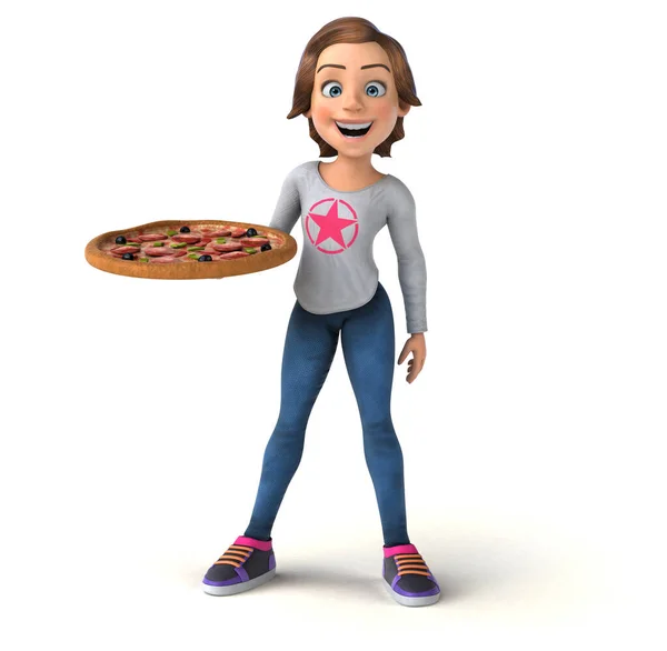 楽しいです3Dイラストの漫画十代の女の子とともにピザ — ストック写真