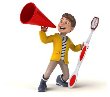 Yağmurluklu ve fırçalı bir çizgi film çocuğunun eğlenceli 3D görüntüsü 