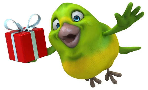 Leuke Groene Vogel Met Cadeau Illustratie — Stockfoto