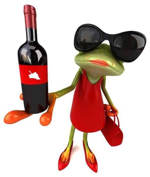 ワインと楽しいカエル 3Dイラスト — ストック写真