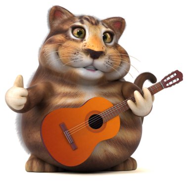 Gitarlı eğlenceli kedi - 3D Görüntü