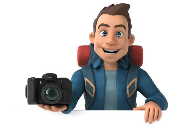 カメラ付き3D漫画のバックパッカーの楽しいイラスト — ストック写真