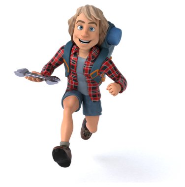 Aracı olan eğlenceli sırt çantalı çizgi film adamı. 