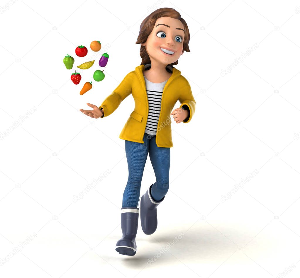 Fun 3D illustration of a cartoon teenage girl  with fruits 