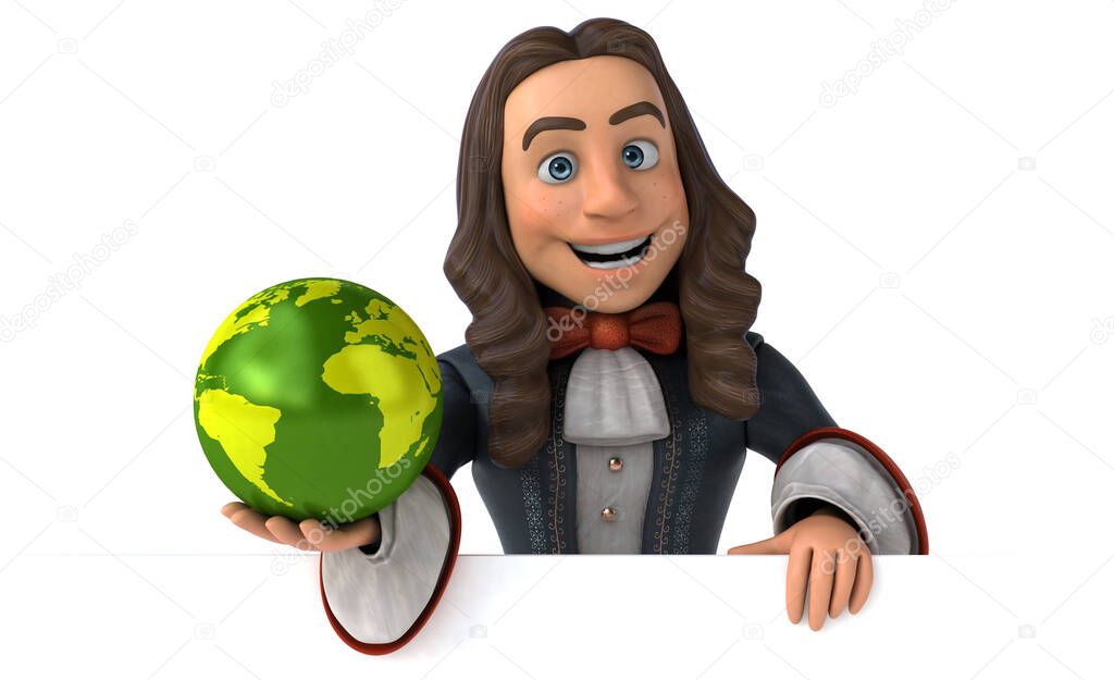 3D Illustration of a cartoon man in historical baroque costume with globe 