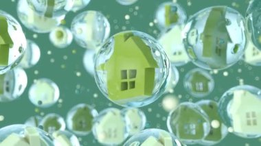 3d animation of houses   in bubbles  abstract background 