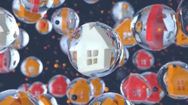 3d animation of houses   in bubbles  abstract background 