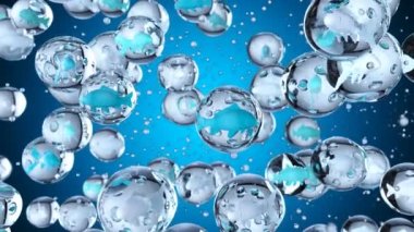 3d animation of  fish  in bubbles  abstract background 