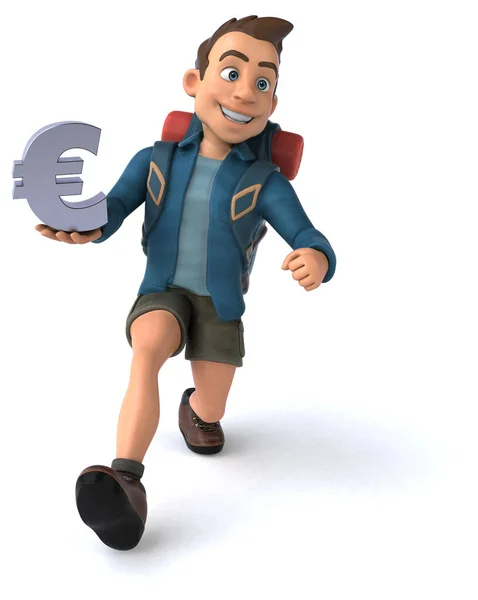 Divertente Illustrazione Cartone Animato Backpacker Con Euro — Foto Stock