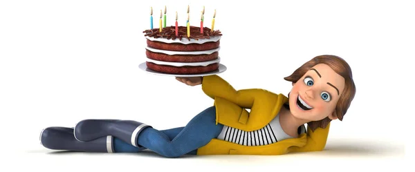 楽しいです3Dイラストの漫画十代の女の子とともにケーキ — ストック写真