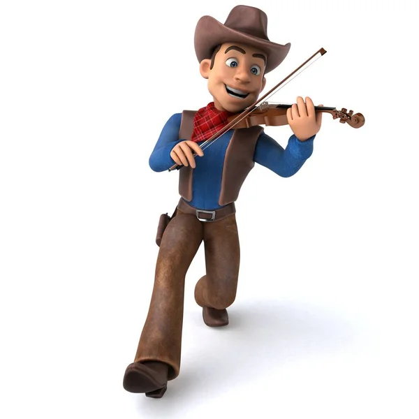 一个带小提琴的卡通片牛仔的有趣3D插图 — 图库照片