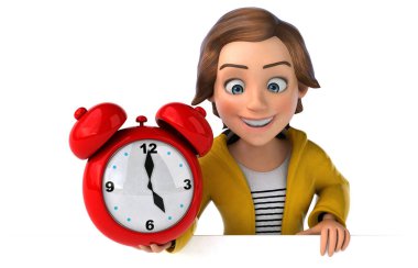 Saatli bir genç kızın 3 boyutlu eğlenceli bir çizimi. 