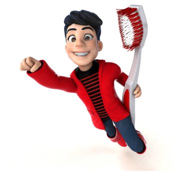 Üç boyutlu eğlenceli çizgi film kahramanı diş fırçası olan genç çocuk.