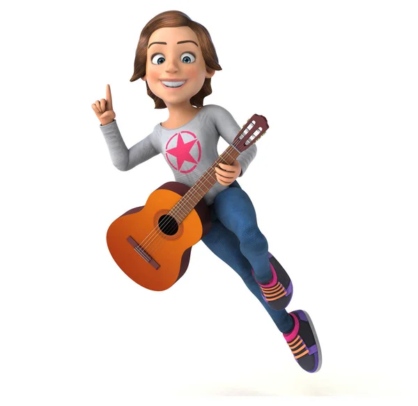 带吉他的3D卡通片少女 — 图库照片