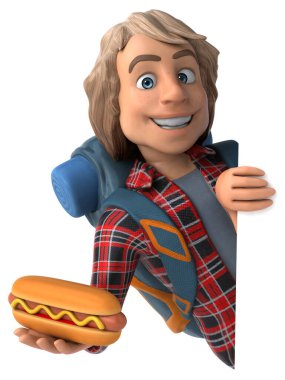 Hotdog ile Eğlenceli backpacker karikatür adam