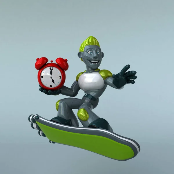 带有时钟的绿色机器人 3D说明 — 图库照片