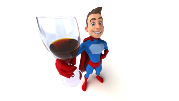 ワインと漫画のキャラクタースーパーヒーローの楽しい3Dアニメーション — ストック動画