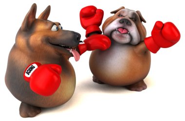 -3d resimde Alman çoban köpeği ve İngilizce bulldog