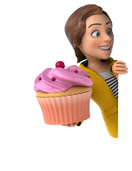 楽しいです3Dイラストの漫画十代の女の子とともにカップケーキ — ストック写真