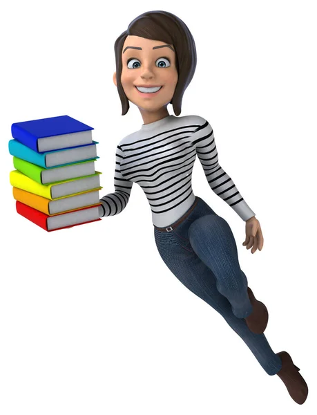 Divertido Desenho Animado Mulher Personagem Casual Com Livros — Fotografia de Stock