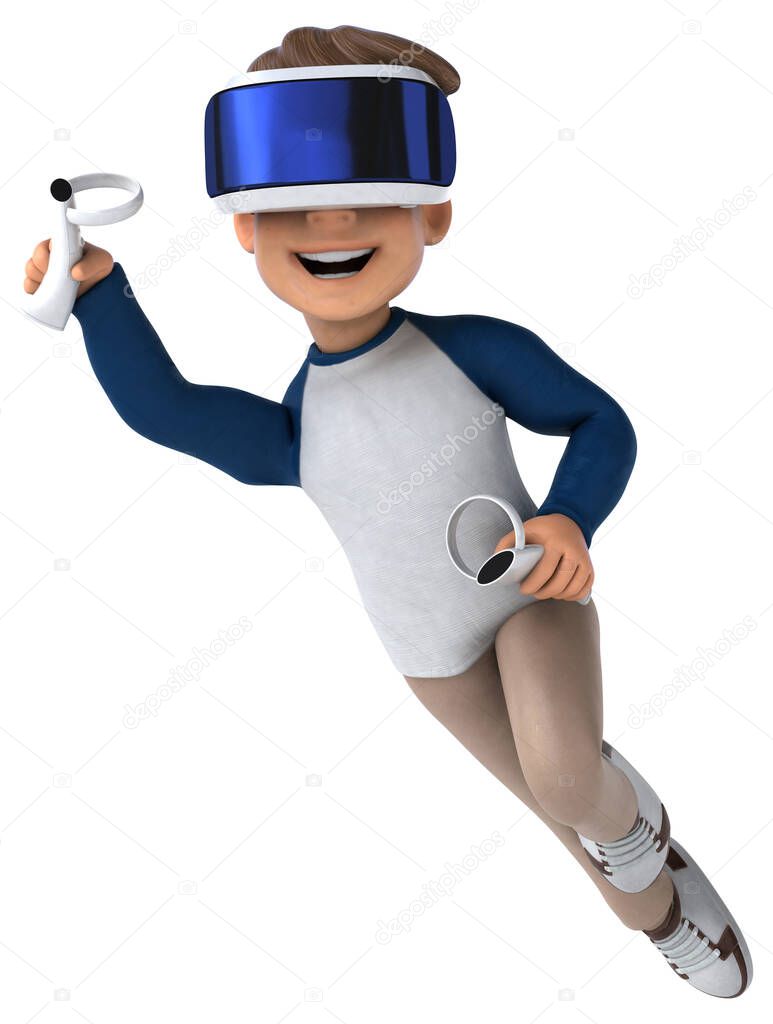 Fun 3D illustration of a cartoon kid character  with a VR helmet
